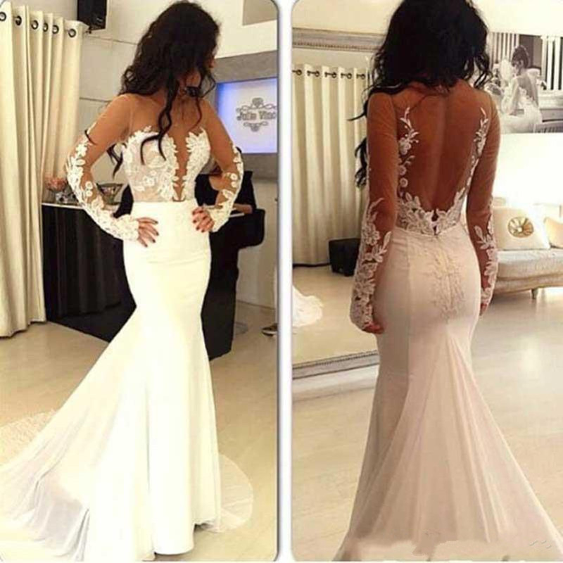 

Sexy Illusion Plunging Neckline Long Sleeves Wedding Dresses White Applique Lace Backless Wedding Gowns Sweep Train Mermaid Bridal Dress, Same as image