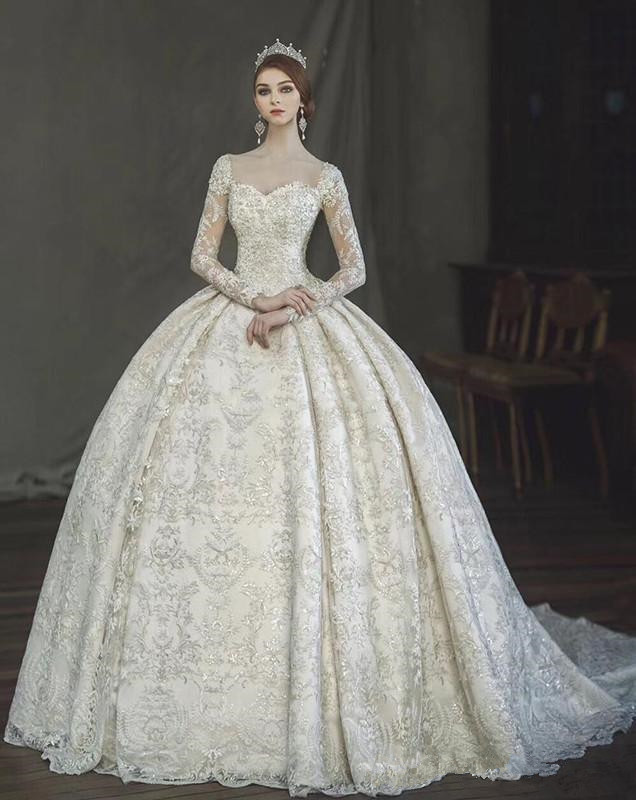 

Vintage Victorian Gothic Ball Gown Wedding Dresses Amazing Lace Pearl Detail Sweetheart Long Sleeve Arabia Turkey Pakistan Wedding Gown, White