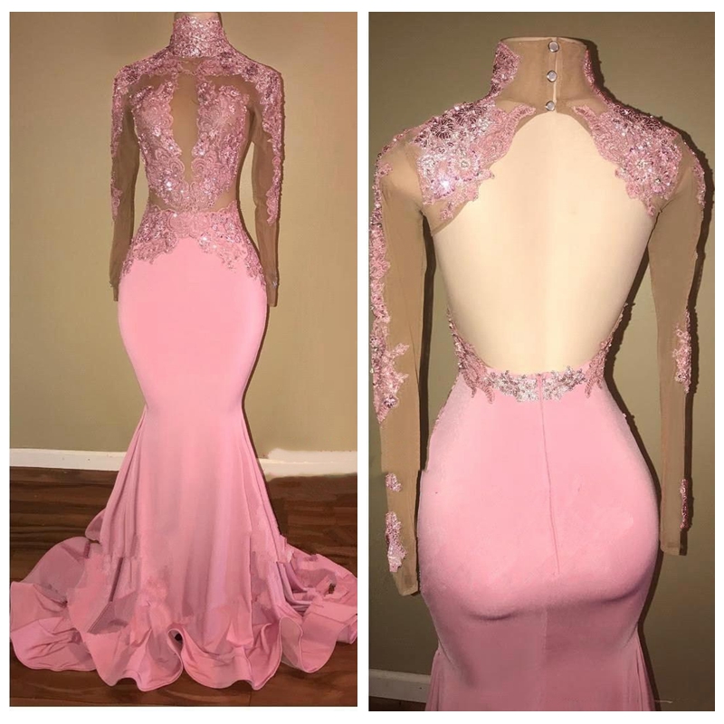 

2018 Sheer Long Sleeves Slim Prom Dress High Neck Lace Appliques Formal Mermaid Beaded Sequined Illusion Bodice Sexy Open Back Evening Gowns, White