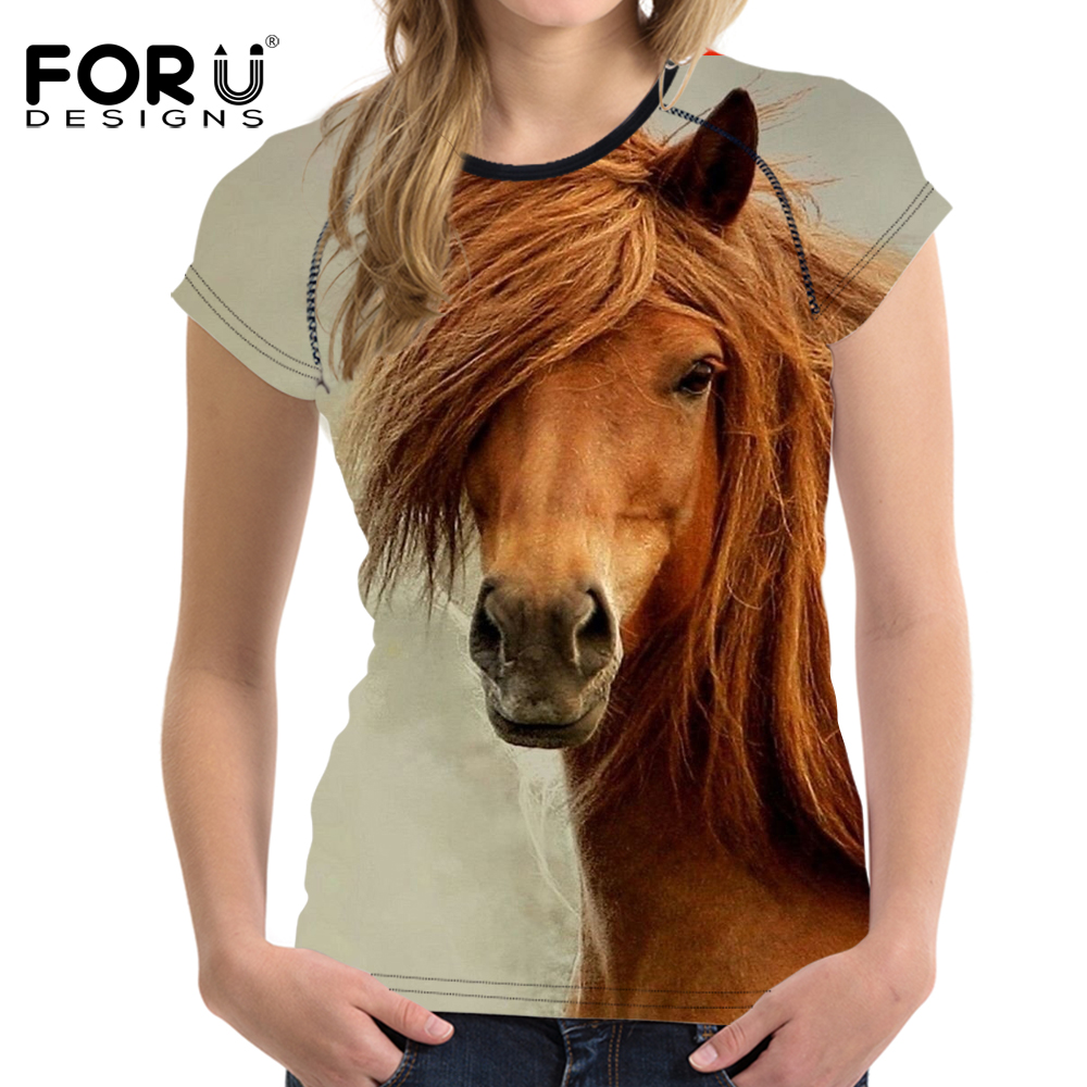 

FORUDESIGNS Vintage Women Summer Basic T Shirt 3D Horse Animal Woman Tops Casual Short Sleeved Female Shirts For Girls Feminine, White