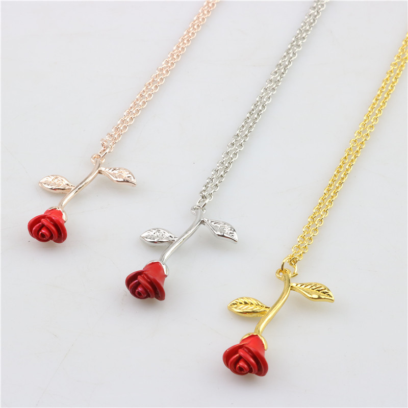 

Red Rose Pendants Necklace Flower Alloy Pendant Necklaces for Women Girls Fashion Jewelry Gift