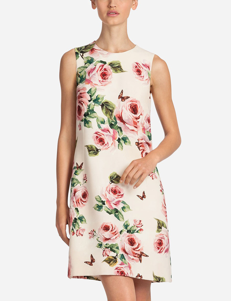 

Flower Print Women Sheath Dress Round Neck Sleeveless Dresses 03K584, As pictures