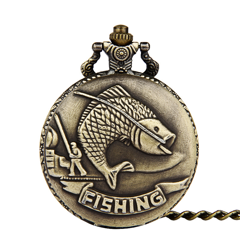 

Wholesale 50pcs/lot classic Fishing watch vintage pocket watch necklace Men Women antique Bronze watch PW067, With necklace chain