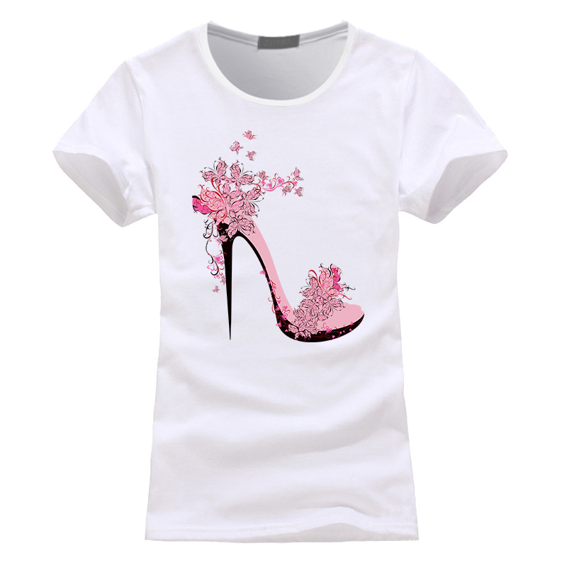 

Women High Heel Shoes Printed Tshirts Fashion Cute Tees Female Summer Short Sleeved O-neck Tops, Grey