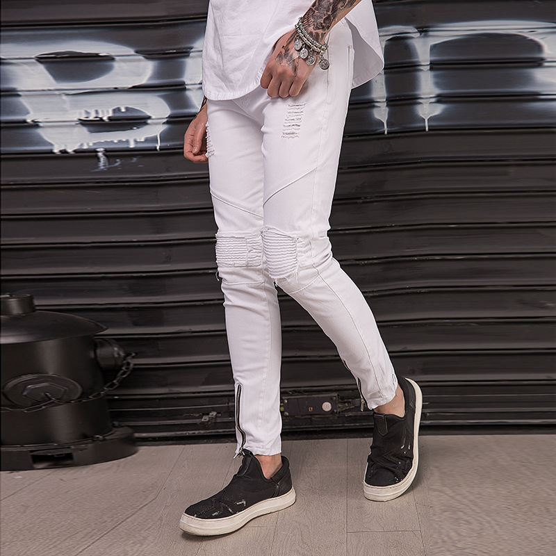 

Spring Summer Men Jeans Skinny Washed Hole White Casual Distressed Slim Pleated Male Denim Pants