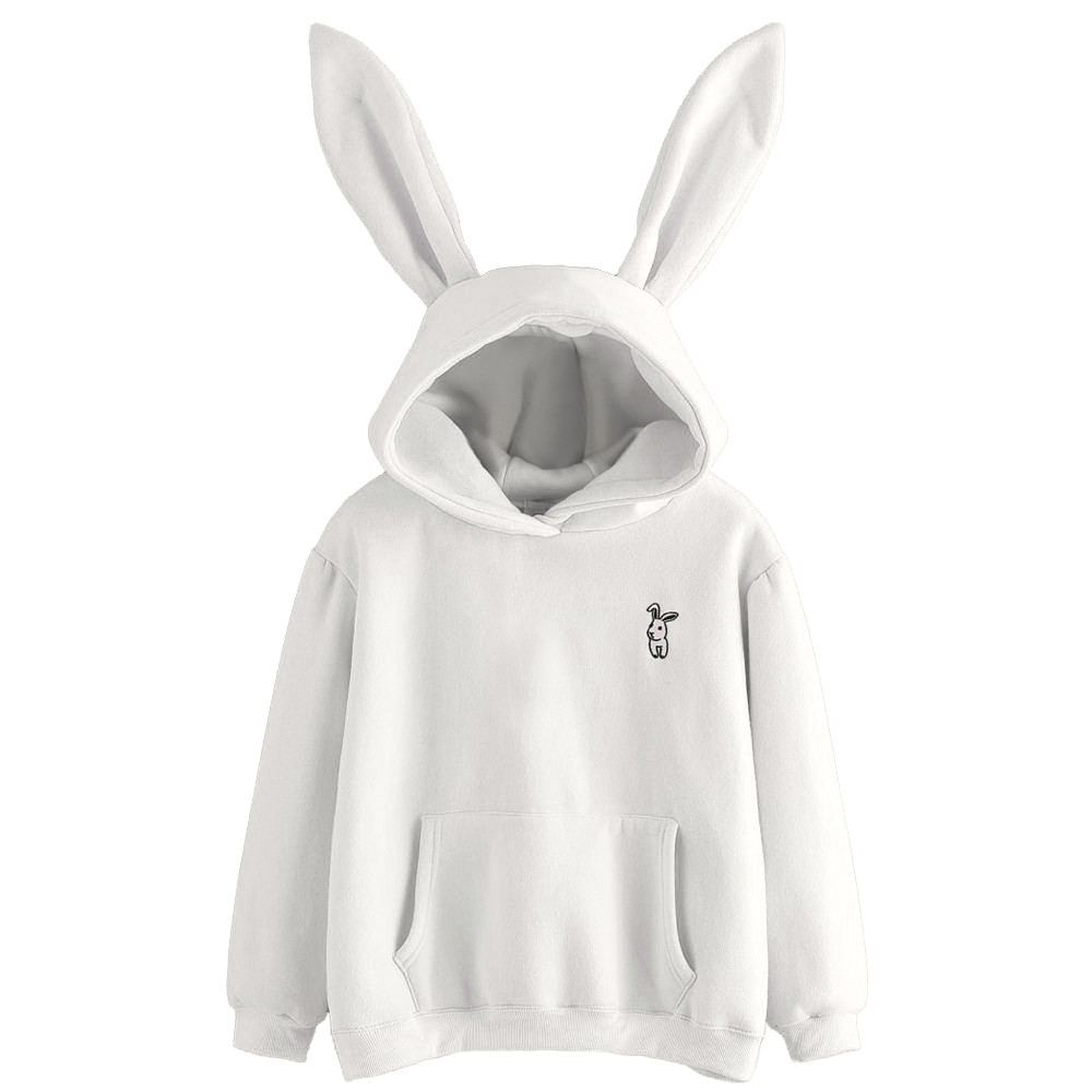 

Womens Ears Hoodie Long Sleeve White Sweatshirt Rabbits Embroidered Pocket Pullover Harajuku Kawaii Tracksuit #L, As pic