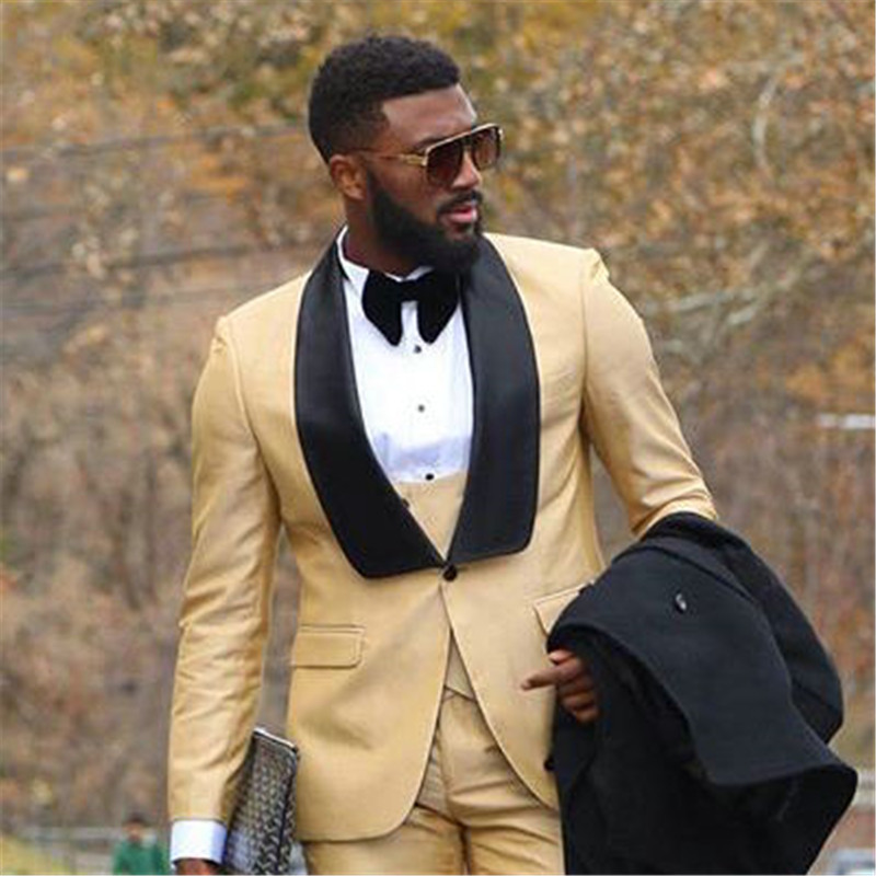 Custom Men Suit For Wedding Gold With Black Lapel Slim Fit Tuxedo Man Suit Tuxedos Three-pieces (Jacket+Pants+Vest+Tie)