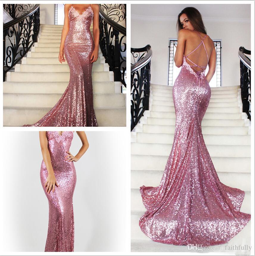 

Backless Sequin Mermaid Prom Dresses New Fashion Open Backs Sparkle Glitter Prom Gowns V-Neck With Appliques Formal Party Dresses, Hunter