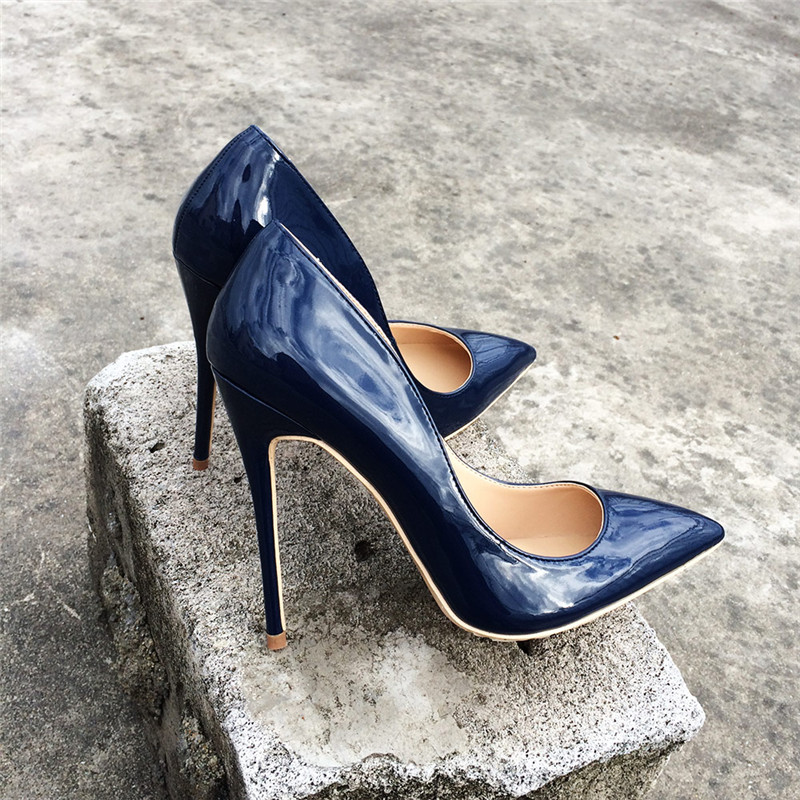Livraison gratuite dame femme femme 2019s nouvelle marine en cuir verni bleu talons hauts chaussures Stiletto Talons Poined Toes Mariage HEELED S