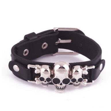 

Hot Sale Punk Black Leather bracelet mens vintage harley motorcycle skull skeleton charms Biker bracelets For man Fashion Jewelry, Golden;silver