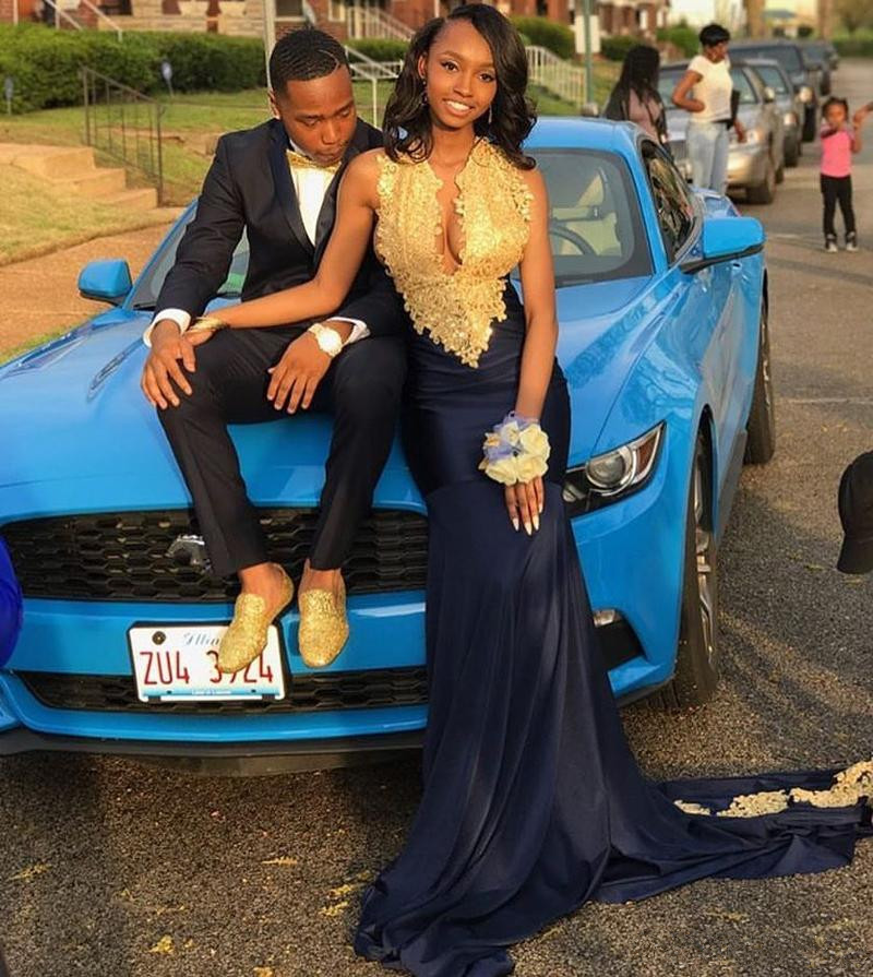 

Elegant Navy Blue Mermaid Prom Dresses Long 2018 Gold Lace Appliques African Formal Party Wear Sexy V Neck Evening Gowns, Same as picture