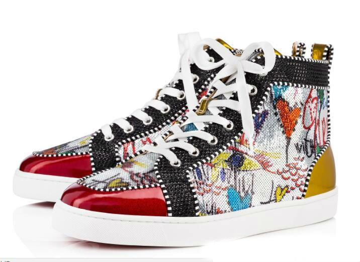 

Season Red Bottom Sneakers Men Shoes Luxury Print Silver Pik Pik No Limit RARE studs and rhinestones graffiti