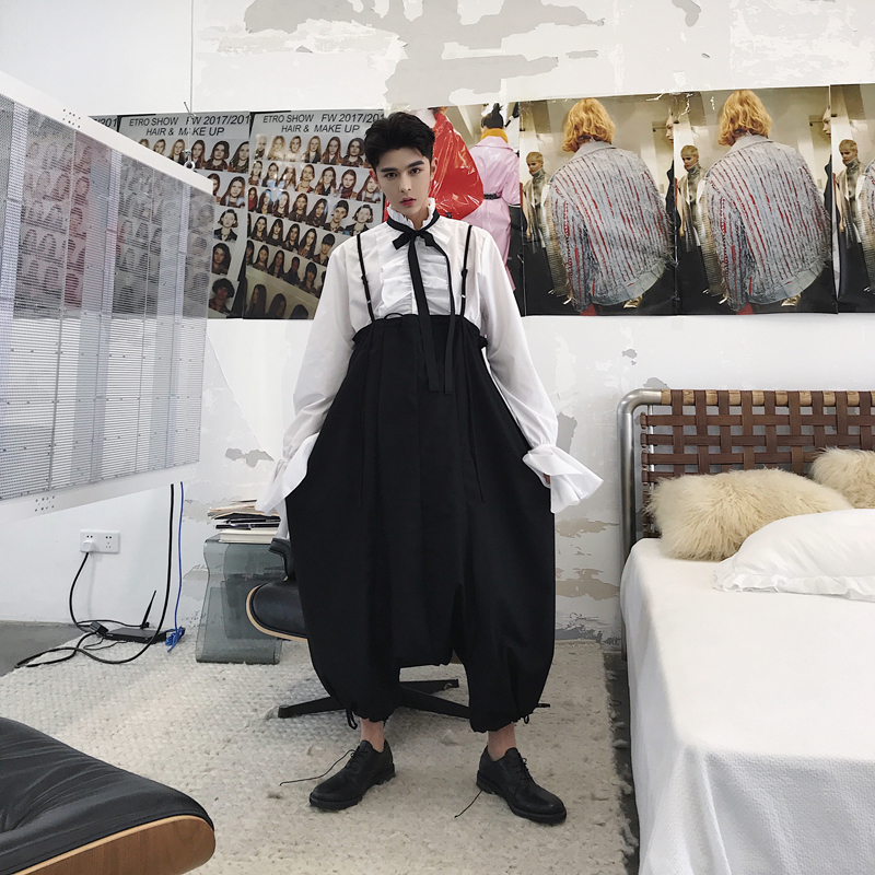 Mixcubique 2018 été style coréen rétro unique bavoir large jambe pantalon hommes décontracté lâche affaissement salopette pantalon hommes lâche b