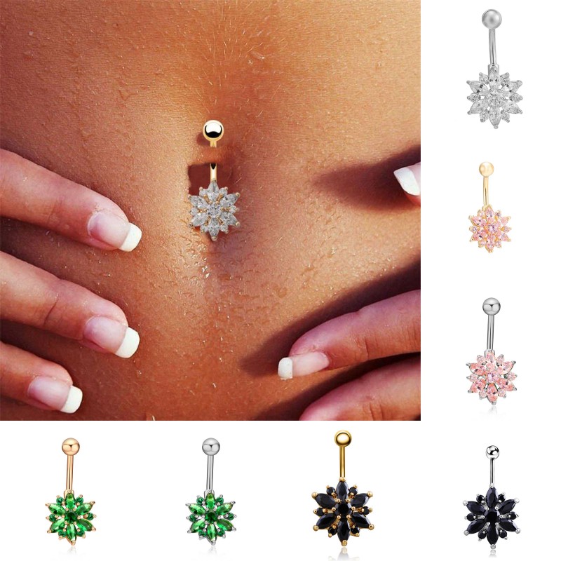 

Hot Sale Green Pink White Black Purple Flower Crystal Navel Rings Gold Belly Button Ring Stainless Steel Navel Piercing Jewelry