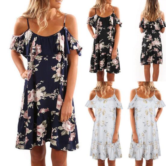 

Floral Dresses Spring Summer Hot Sale Floral Printed Flounce Sling Fold Off -Shoulder Women Dresses Size -3XL, Black