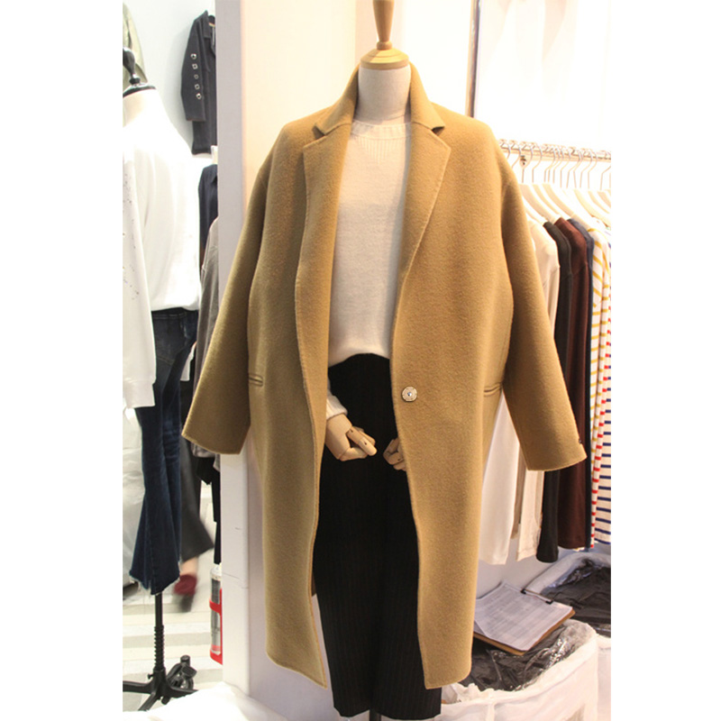 2018 Winter New Arrival Women Khaki Woolen Turn-down Collar Long Sleeve Covered Button Pockets Medium Long Coat Outwear Blends