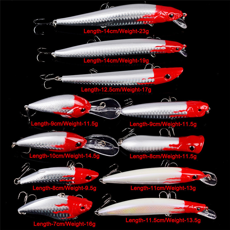 11pcs rouge blanc abs plastique de pêche en plastique Ensemble de feux de pêche artificiel Swaser Swaser 3d yeux minnow rattlin crayon vib vib ap