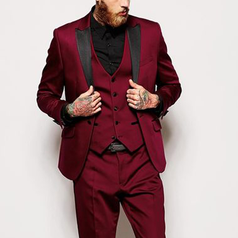 Burgundy Men Suits for Wedding Black Peaked Lapel Three Piece Groom Tuxedos Custom Made (Jacket + Pants + Vest)