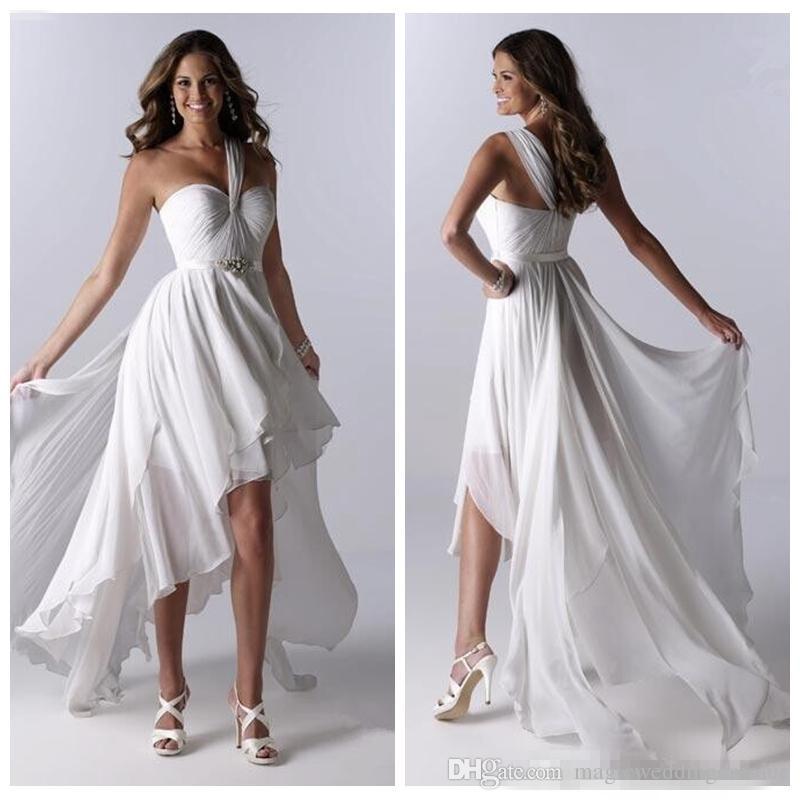 

greek goddess One Shoulder Chiffon High Low Wedding Dresses Pleated Ruched Bridal Gowns Summer Boho Beach Wedding Gowns 2018 Cheap, Black & white