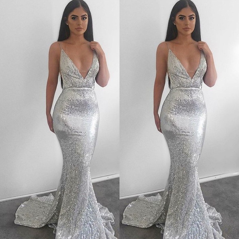 

Sliver Sparkly Mermaid Prom Dress Sexy Spaghetti Straps V-Neck Backless Sweep Train Sequined 2018 Prom Dresses Glamorous Evening Dress Cheap, Purple