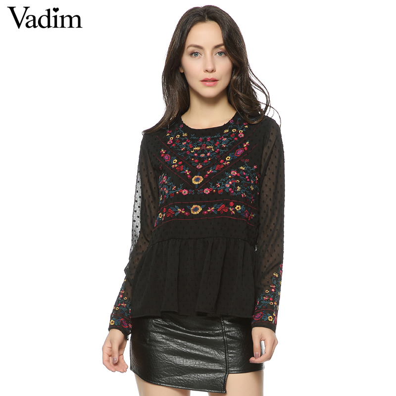 

Women vintage floral embroidery pleated chiffon shirts transparent sexy dots long sleeve retro blouse casual tops blusas LT1371, As picture