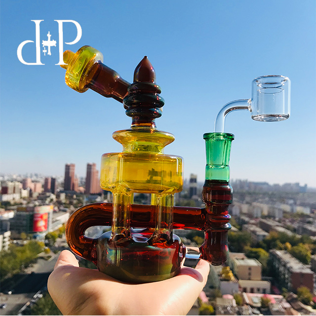 

PlusPlus Glass Bong Water Pipe 026A Mini Tiffany Unique Amber Fumed color heady art pipe with percolator 7.2" Height 14mm Female
