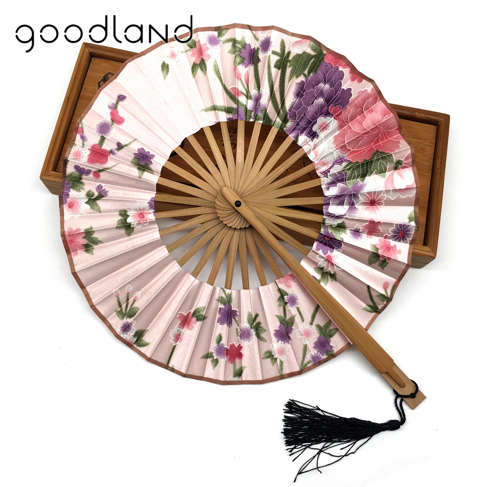 

Free Shipping 10pcs Japanese Style Charming Floral Print Spun Silk Bamboo Hand Fan in Gift bag and Tassel Wedding Party Supplies