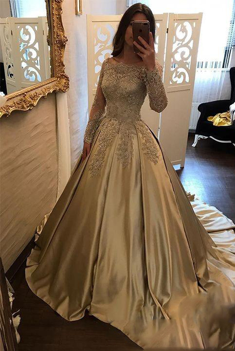 

Gold Dresses Off the shoulder Evening Formal Dress With Lace Long Sleeves 2018 New Arrivals Satin Princess A line Illusion Prom Dresses, Dark green