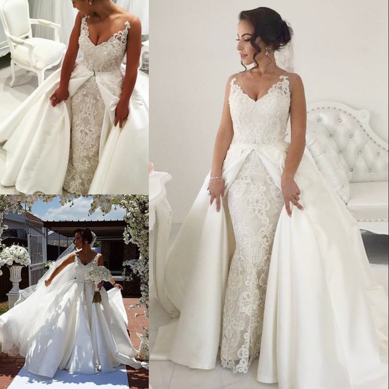 

Sexy V-Neck Mermaid Bridal Dress With Detachable Overskirt Lace Appliques Pearls Sleeveless Wedding Dresses Glamorous Arabia Wedding Gown, Black