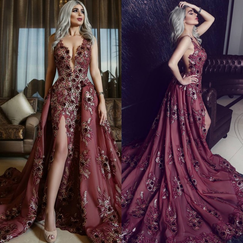 

Ravishing Embroidery Mermaid Evening Dress With Overskirt V-Neck Applique Sheer Backless Split Evening Gown Sexy Dubai Special Prom Dre, Ivory
