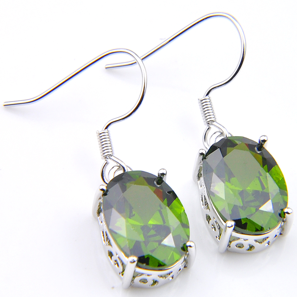 10Prs Luckyshine Classic Dazzling Fire Oval Mystic Olive Peridot Cubic Zirconia Gemstone Silver Dangle Earrings for Holiday Wedding Party