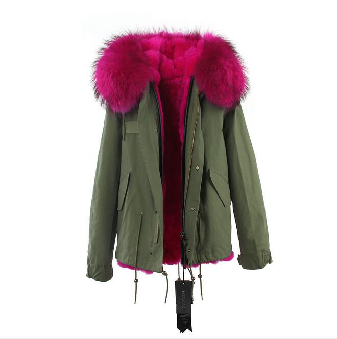 

Short style Jazzevar rose raccoon fur trim women snow coats rose rabbit fur lining army green canvas mini parkas, Choose the model