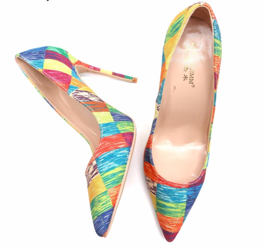 

Free shipping fashion women shoes colorful chequer pointed toe women lady 120mm high heel shoes pump plus big size, Split 10cm