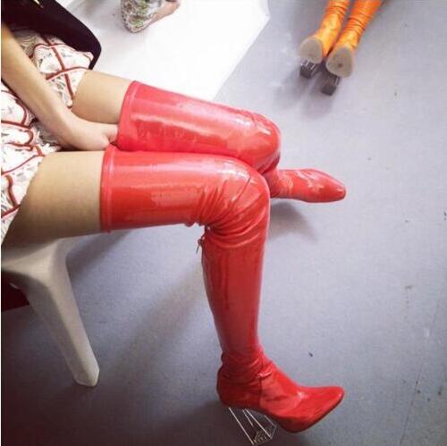 

Clear Crystal Transparent High Heel Patent Leather Over The Knee Boots Black Red Latex Sexy Thigh High Party Zipper Long Boots