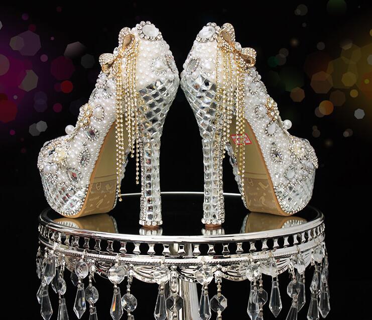 

Free Ship 2018 New Bride Wedding Shoes Women High Heels Sexy Rhinestone Pearls Evening Dress Platform Pumps Bowtie Tassels Single Shoe 14cm, White 12cm heel