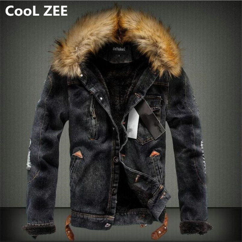CooL ZEE 2018 Mens Denim Jacket with Fur Collar Retro Ripped Fleece Jeans Jacket and Coat for Autumn Winter S-XXXXL S18101802