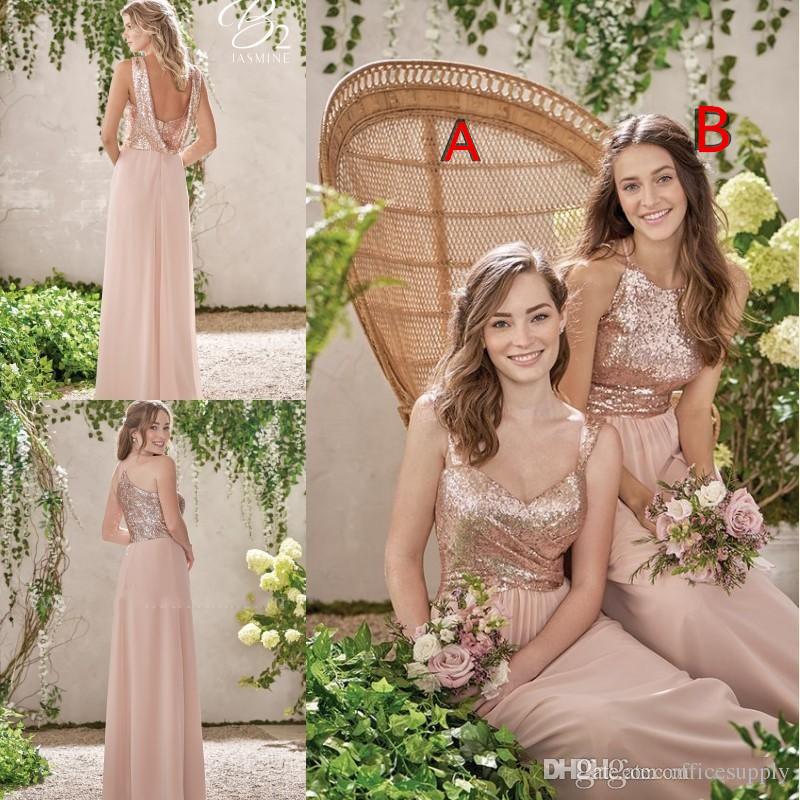 

Rose Gold Sequined Bridesmaid Dresses 2021 A Line Spaghetti Backless Chiffon Cheap Long Country Junior Maid of Honor Gowns
