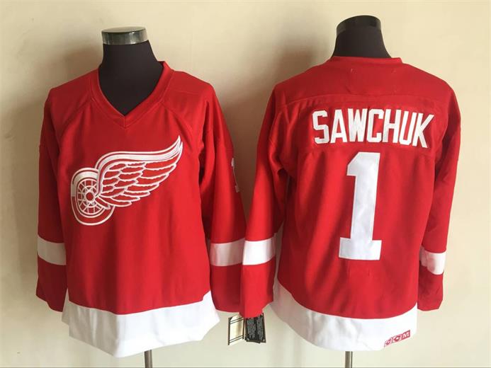 

Vintage Detroit Red Wings Terry Sawchuk Hockey Jersey Mens Home Red Classic #1 Terry Sawchuk Stitched Shirts M