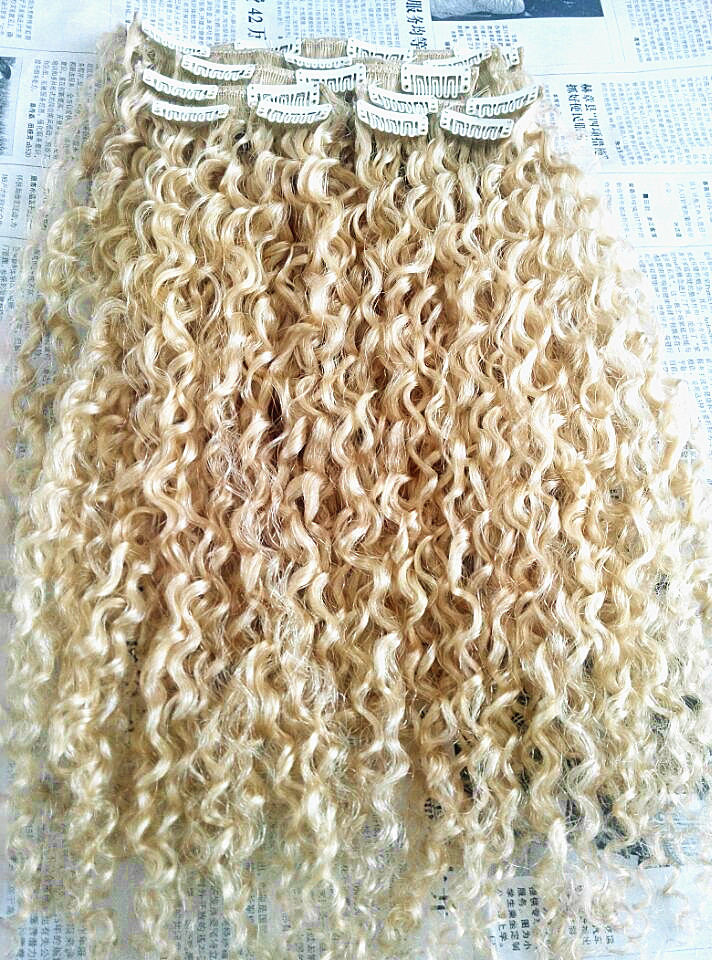 Fashionable Brazilian Curly Clip In Human Virgin Hair Extensions Remy Blonde 613# 120g One Set-image-407806624