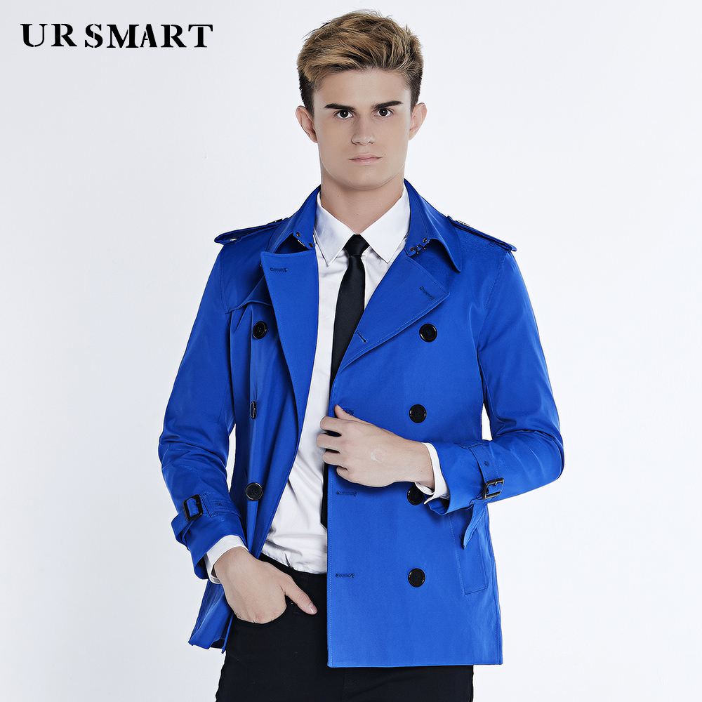 

URSMART Youth windbreaker male autumn new trench coat short double-breasted men fashion blue coat dust, Black