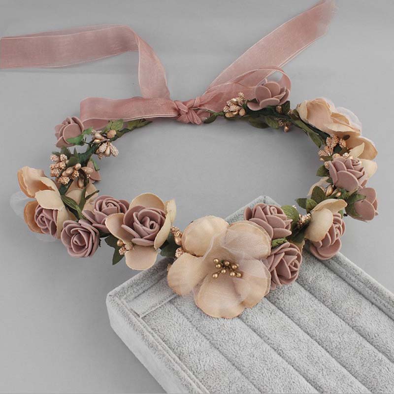 

1PC Wedding Handmade Flower Tiaras Fabric Ribbon Flower Crowns Woman Girls Hair Flower Garland Hair Accessories bride, Slivery;golden