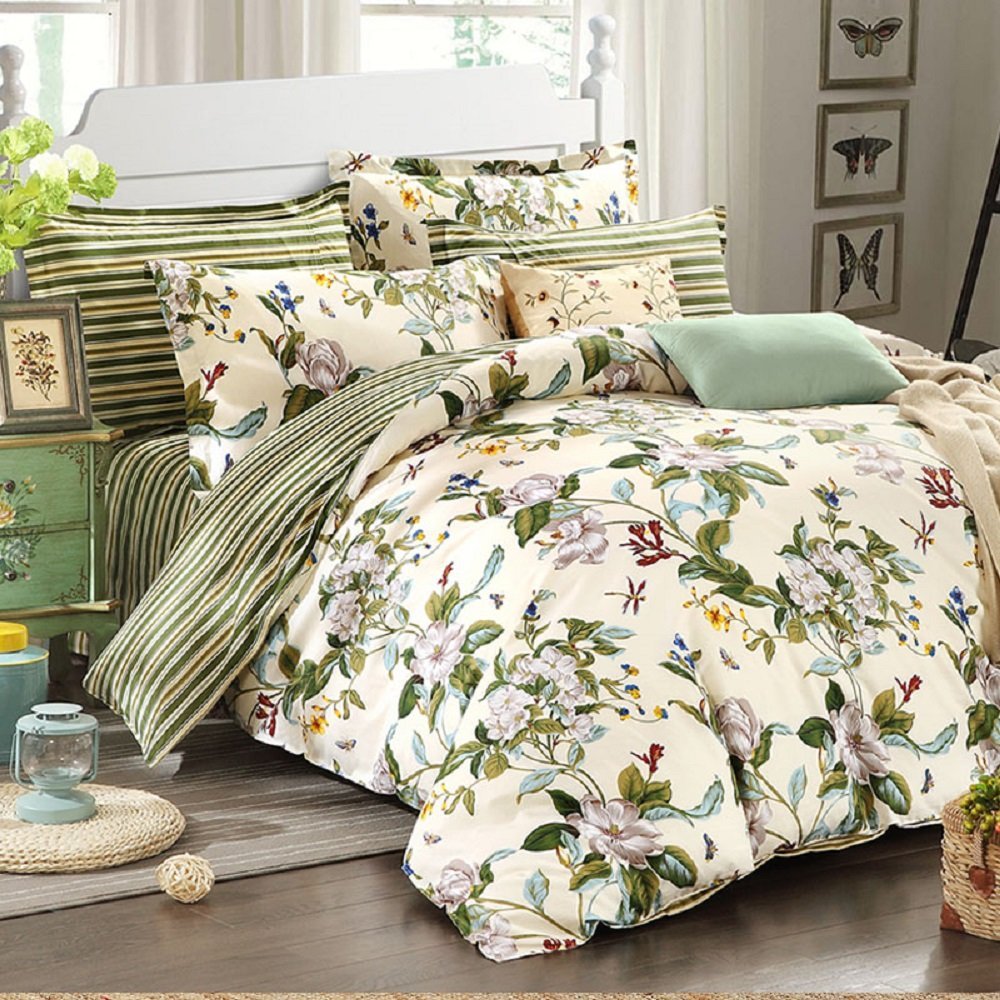 

WINLIFE Floral Bedding American Country Style Duvet Cover Set Shabby Vintage Bedroom Set Girls Bed Cover 100% Coon Bed, As pic
