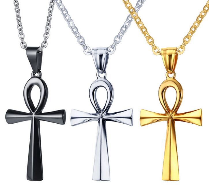 Stainless Steel Egyptian Key of Life Ankh Cross Pendant Necklace for Men Women,3 Color,Free Chain 20