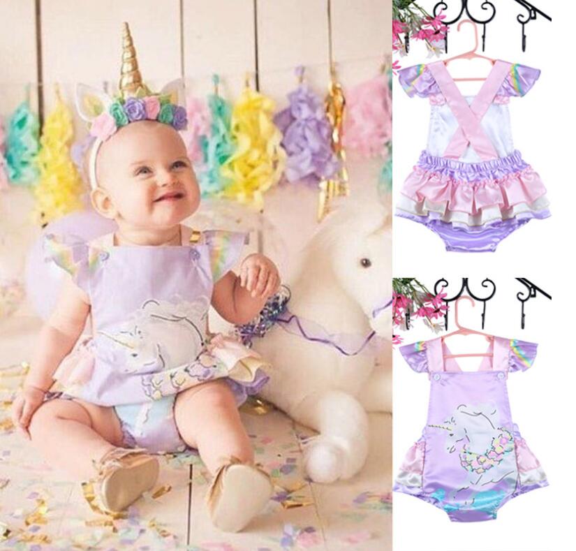 

Baby Girl Unicorn Print Cake Dress Rompers Baby Summer Flying Sleeve Bare Back Jumpsuit Kids Bodysuit Clothes Clothing XMG 001, As picture