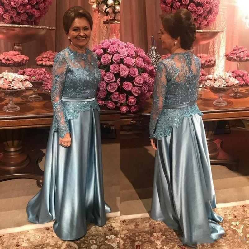 

Arabic Dresses Mother's Dresses To Wedding Guest Party Jewel Lace Beads Satin Illusion Long Sleeve Plus Size Long Dress