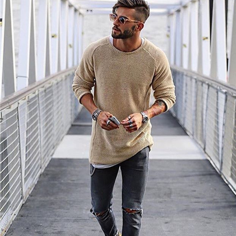 Hommes col rond tricoté chandails homme décontracté à manches longues hauts hiver mince motard Streetwear couleur unie chandails hommes vêtements