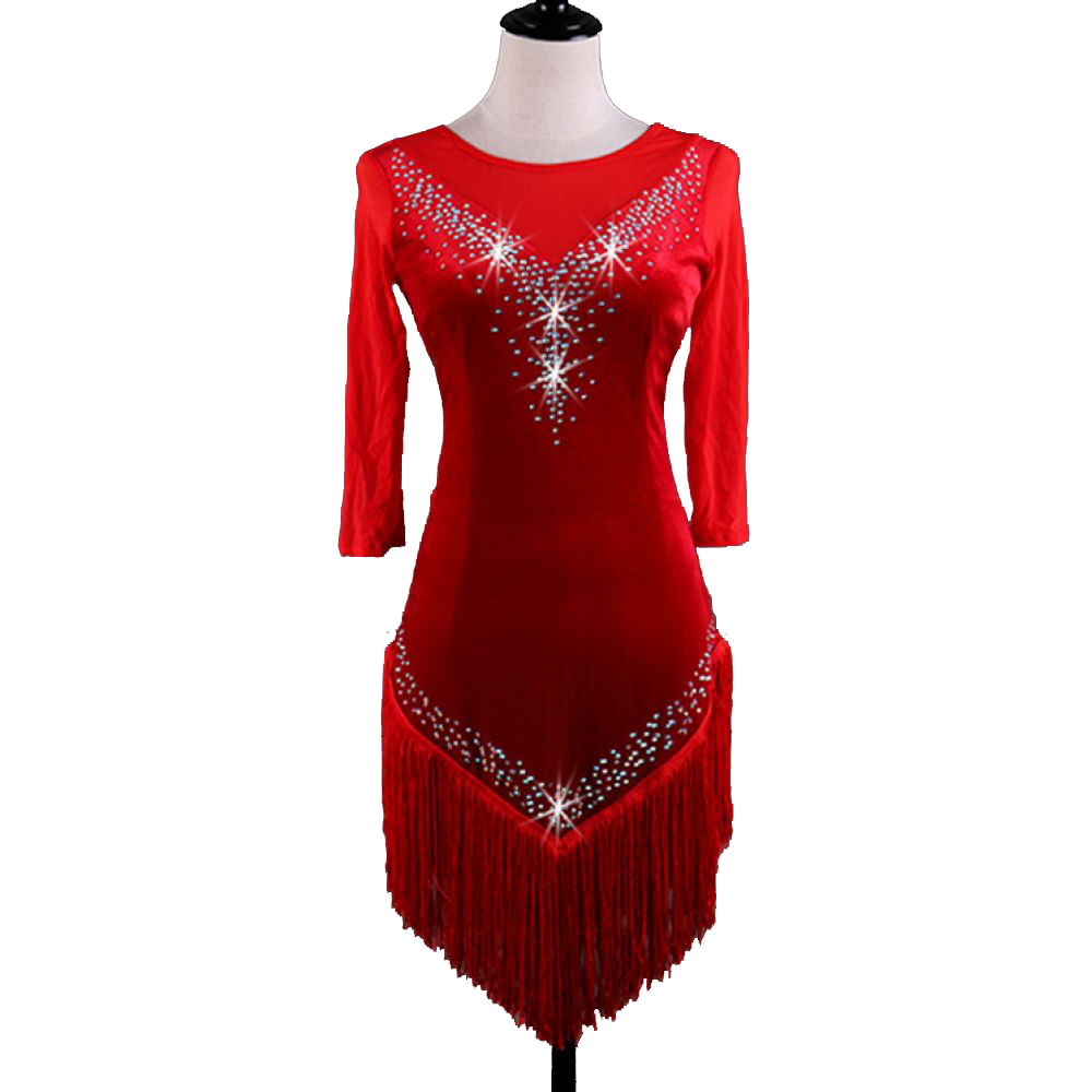 

Latin Dance Dress Costumes Women Salsa Tango Dress D0370 Red Black with Bra Cup Underwear Rhinestones Tassels Fluffy Sheer Hem 1/2 Sleeve