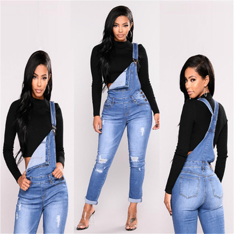 

Wholesale Fashion Women' Overalls Jeans Distrressed Preppy Style Autumn New Arrival Solid Color Skinny Jeans Size -3XL, Blue