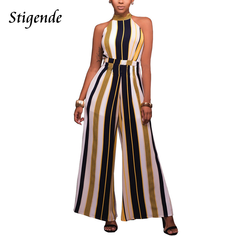 

Stigende Ladies Wide Legs Striped Jumpsuit Summer Sleeveless Off Shoulder Halter Jumpsuit Rompers Sexy Women's Striped Clothing, Yellow