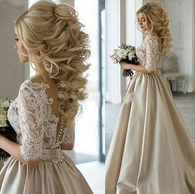 

2017 Vintage A Line Champagne Wedding Dresses With 1/2 Sleeves Appliques Lace Satin Covered Button Bridal Gown Cheap, Same as image